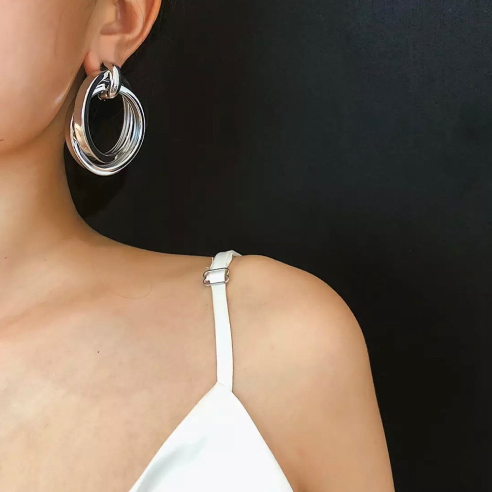 Silver Double Circle Drop Earrings - Picture 1 of 6